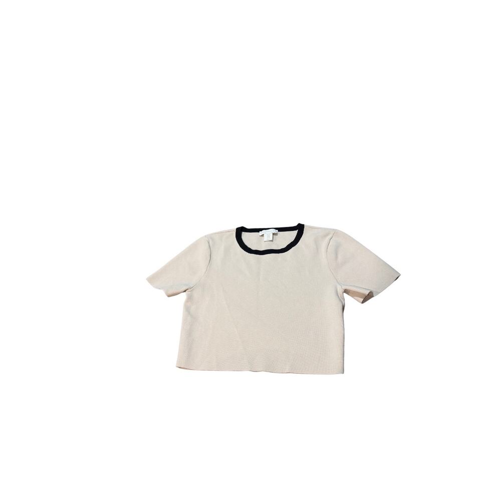House of Harlow 1960 Cream Black Trim Short Sleeve Knit Sweater Top Size M